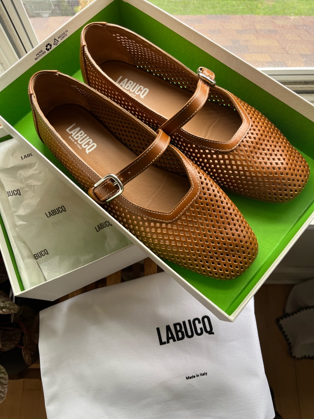 Labucq Mary Jane Perforated Leather Flats in Tan 38